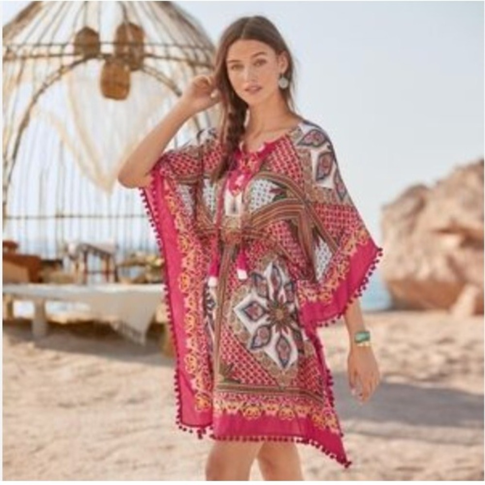 Sundance Atzi Beach Coverup Pom Trim Boho Kaftan Pink Size Small
